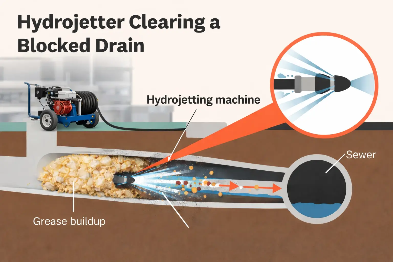 hydro-jetter clearing up clogged restaurant drain