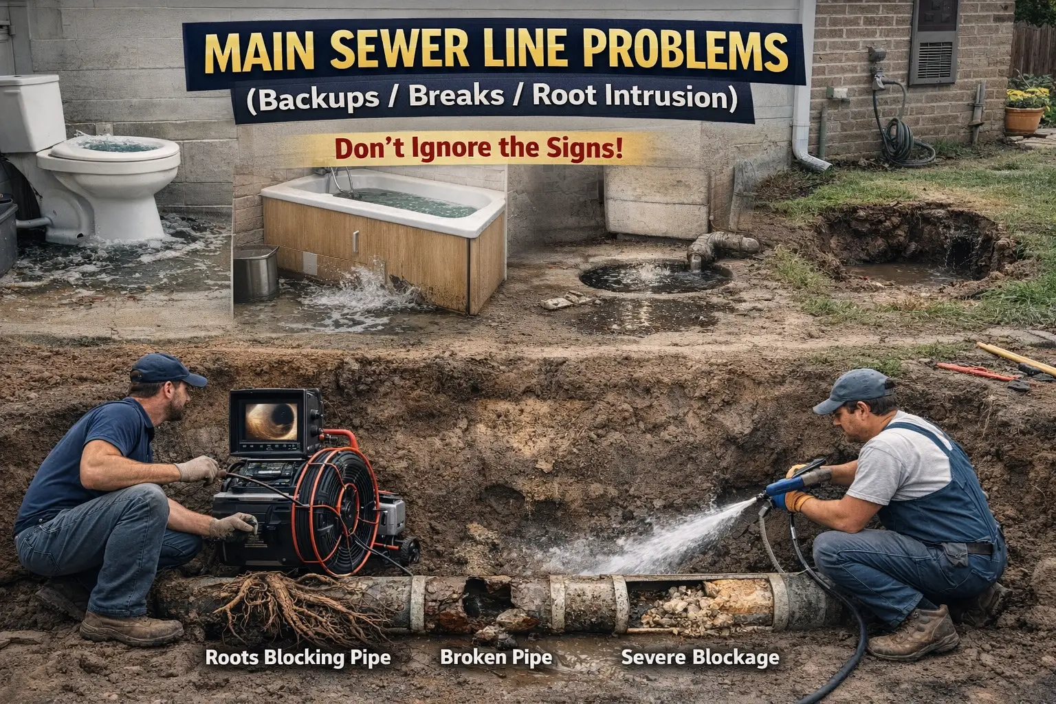 MAIN SEWER LINE PROBLEMS BACKUPS, ROOTS AND HOW TO FIX IT